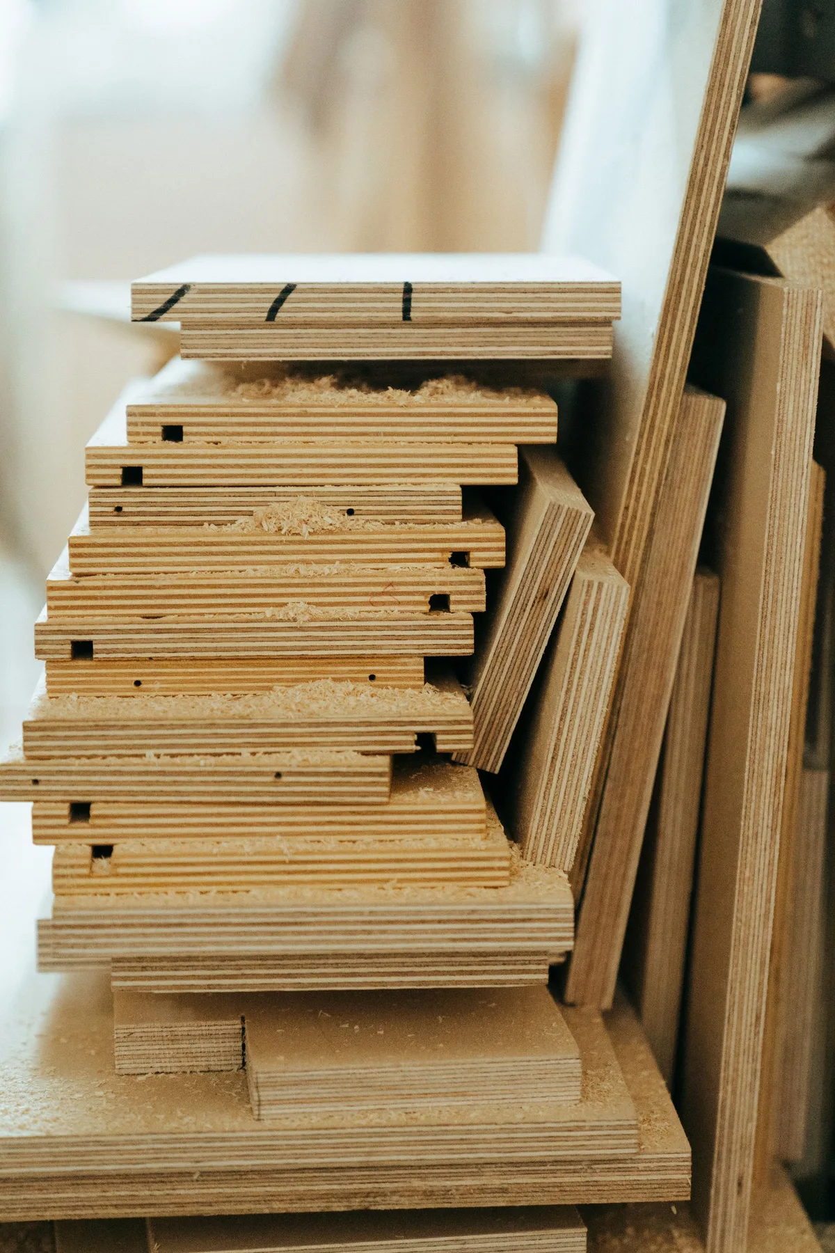 A stack of cut plywood parts with exposed layers, pencil marks and wood shavings.