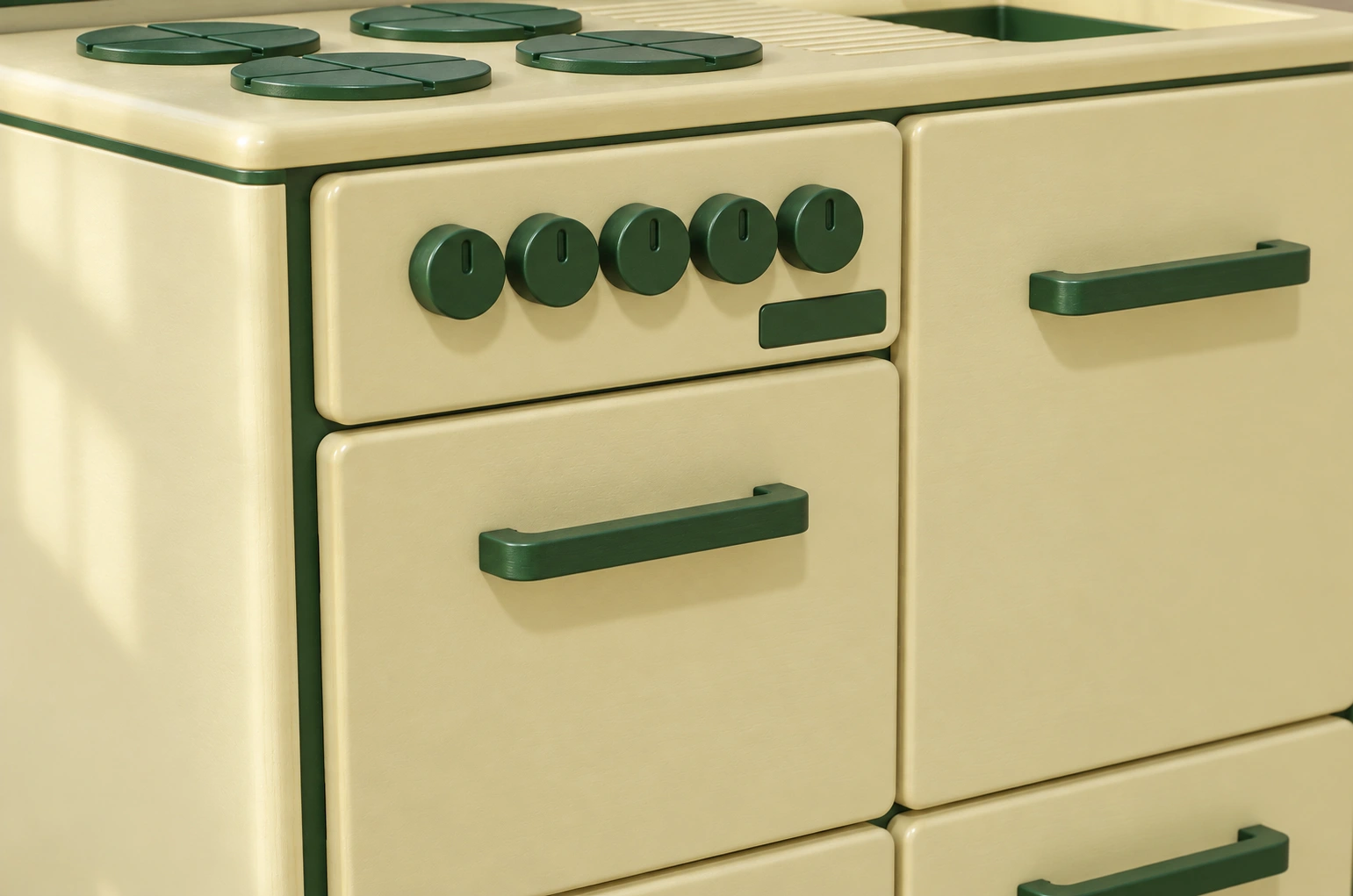 Butter-yellow painted doors and five fern-green wooden knobs with matching pull handles.