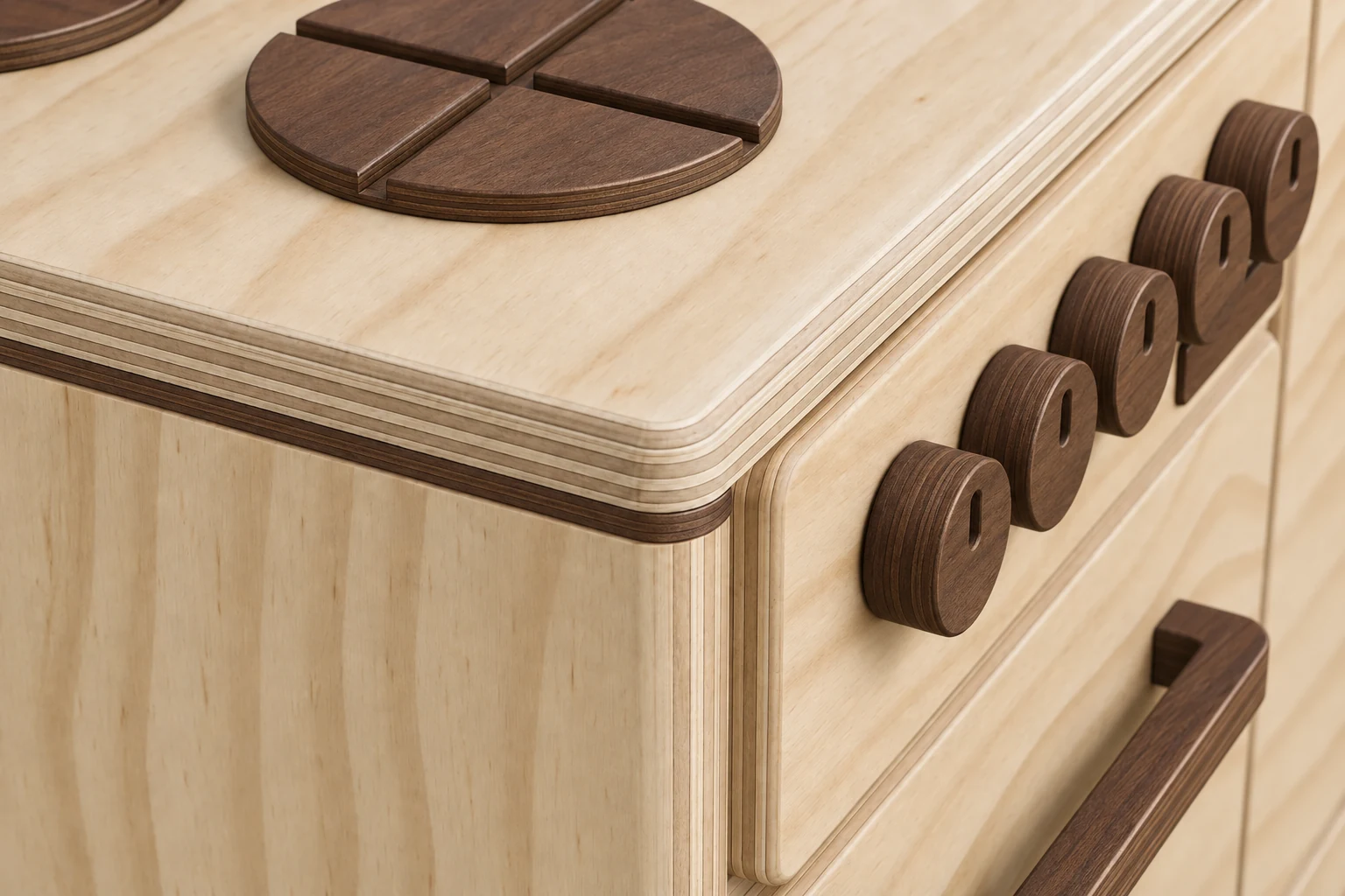 Close-up of the rounded plywood worktop and walnut knobs, showing the timber layers along its edge.